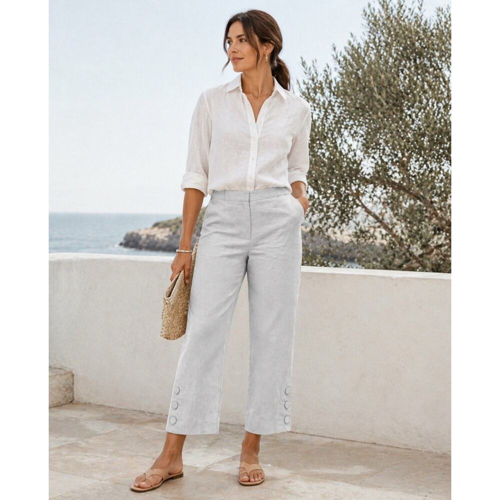 Coastal J. Jill Linen Stretch Straight Cropped Pants Medium Gray Button Hem